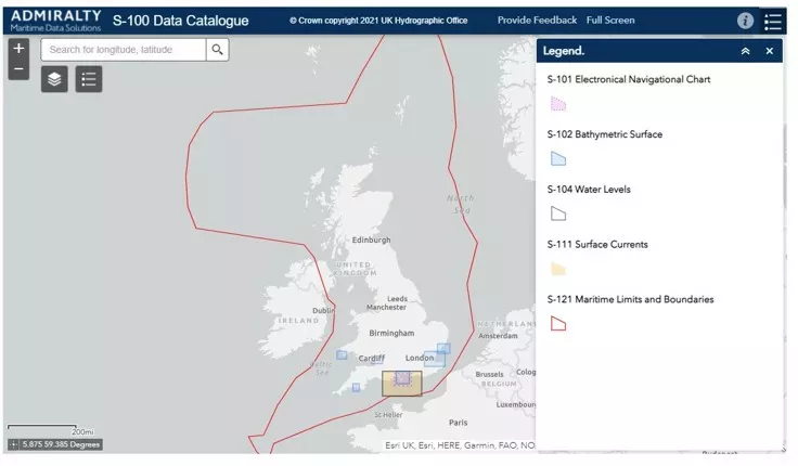 Screenshot of S-100 data catalogue on the ADMIRALTY Marine Data Portal