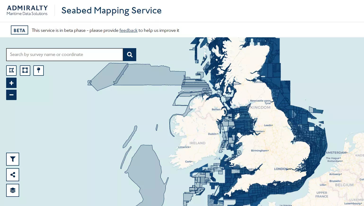Screenshot of Seabed mapping app showing the UK and surrounding waters